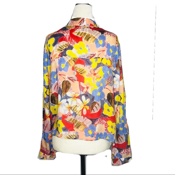 ZARA Woman's Medium Bright Multi-Color Floral Long Sleeve Blouse Top - Picture 4 of 10